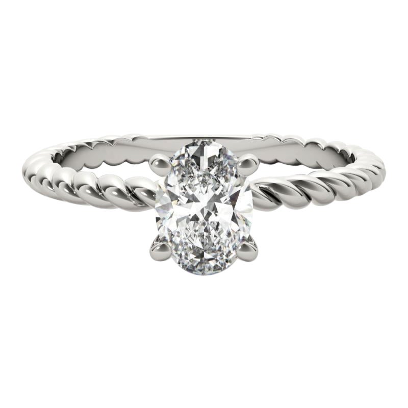 Bague en platine certifiée GIA de 0.95 carats, solitaire ovale à anneau torsadé
