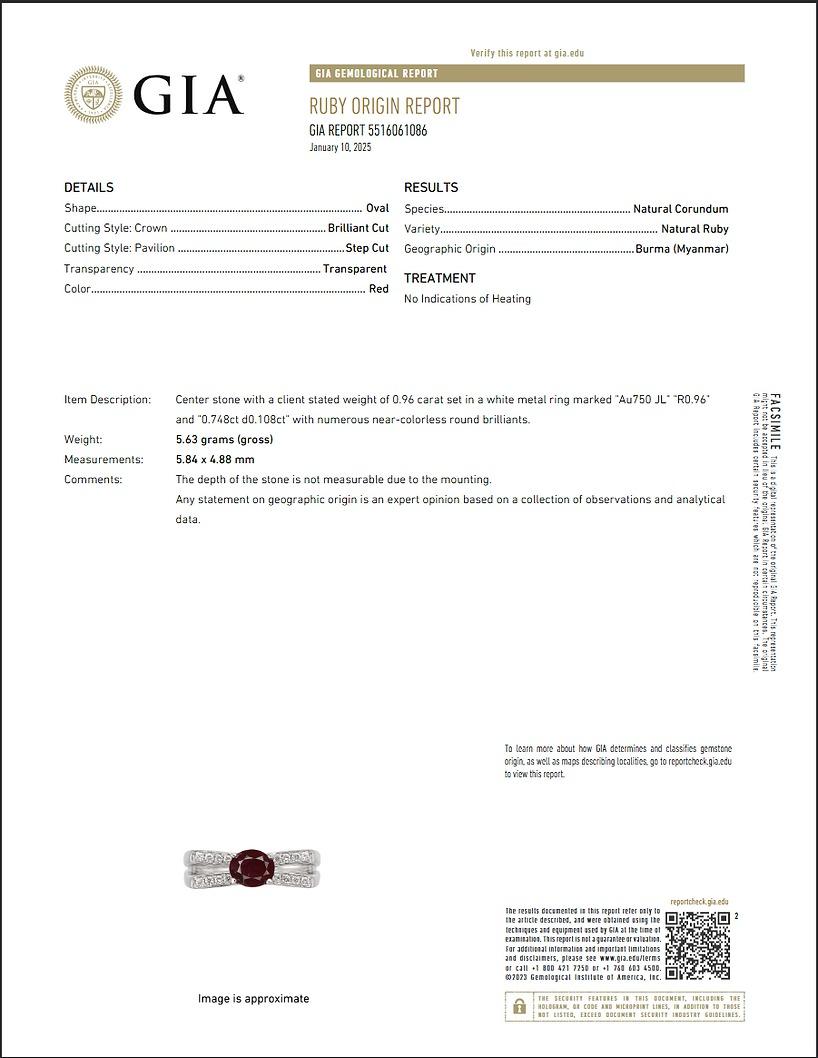 Anello con rubino non riscaldato di Birmania certificato GIA da 0,96 carati in oro 18 carati (Anello unisex con rubino) in vendita 3