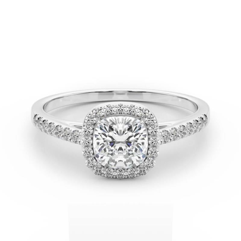 Bague en or blanc 18 carats certifiée GIA de 0,97 carat avec halo coussin et pavé de diamants