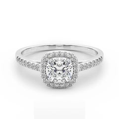 Bague en or blanc 18 carats certifiée GIA de 0,97 carat avec halo coussin et pavé de diamants
