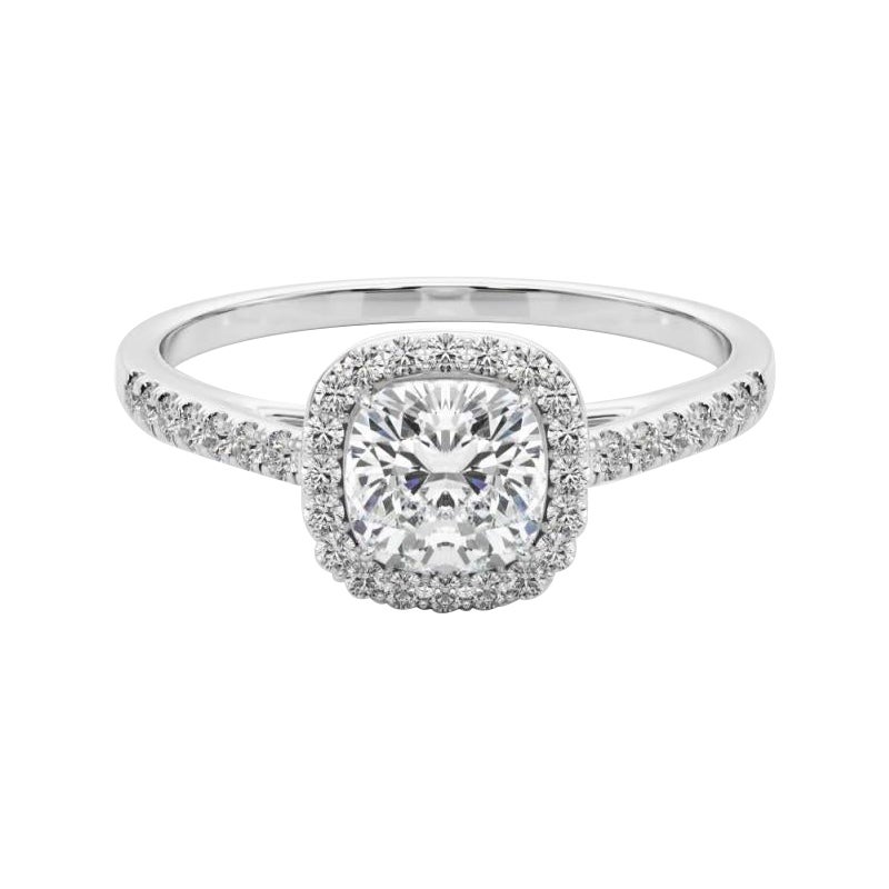 GIA Certified 0,97 Carat Cushion Halo Pave Anello con diamanti in oro bianco 18K