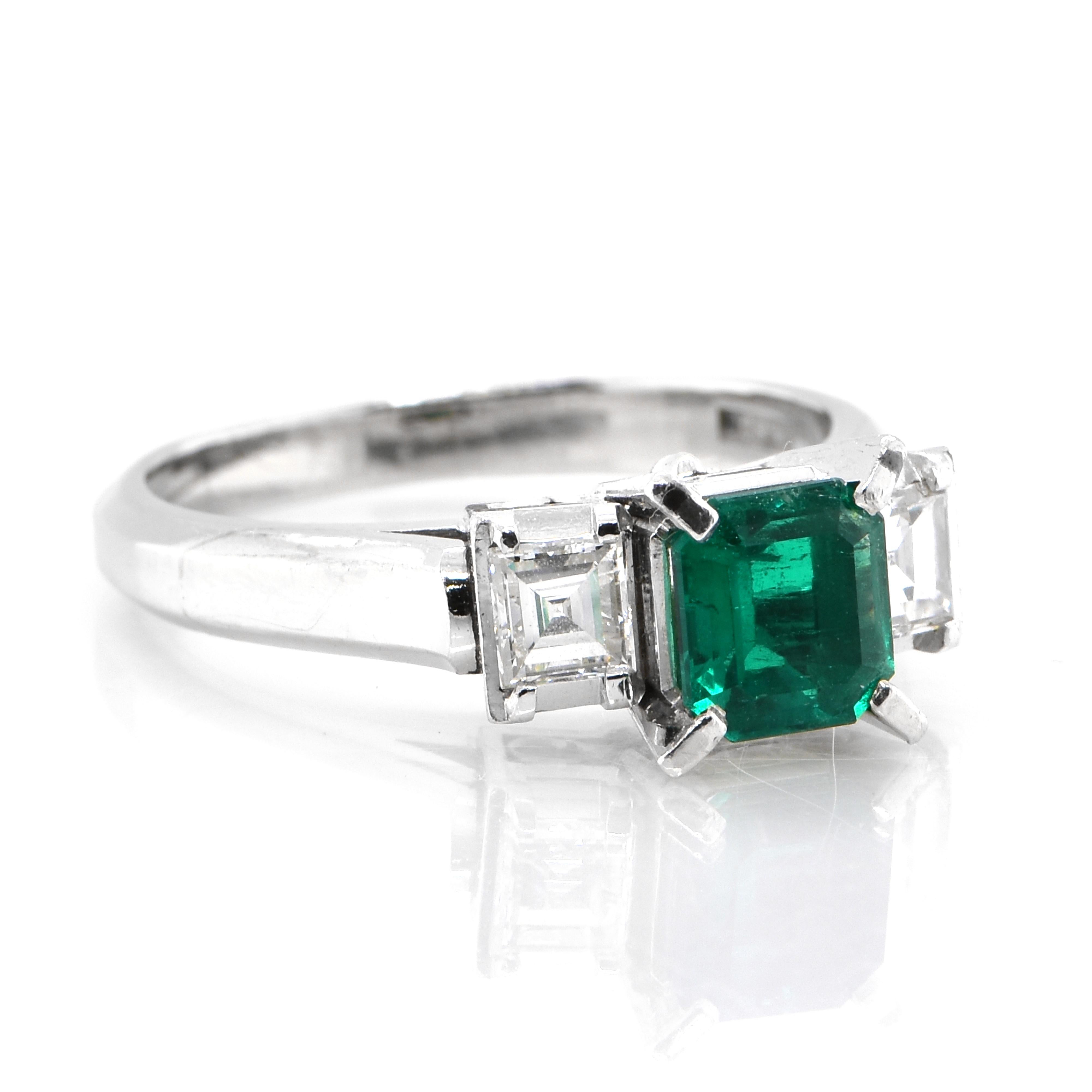 A stunning ring featuring a GIA Certified 0.97 Carat Natural, Colombian, Untreated (No Oil) Emerald and 0.51 Carats of Diamond Accents set in Platinum. People have admired emerald’s green for thousands of years. Emeralds have always been associated
