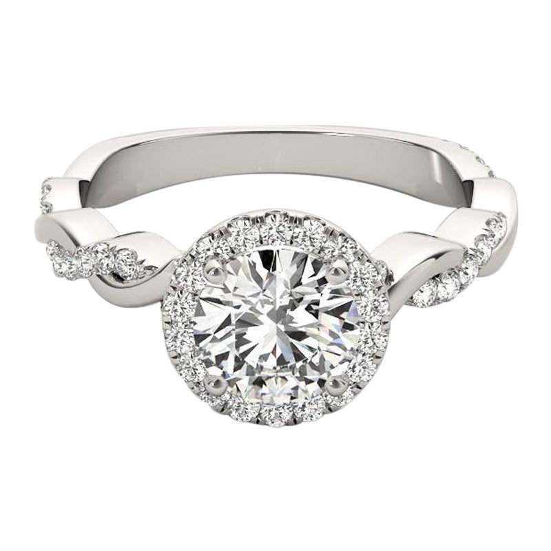 Bague en platine tressée avec diamant rond en halo de 0,97 carat certifié par le GIA