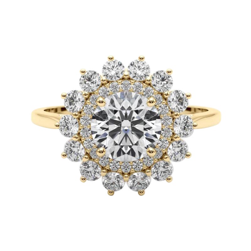 GIA Certified 0.97 Carat Round Halo Sunflower Cluster Diamond Ring