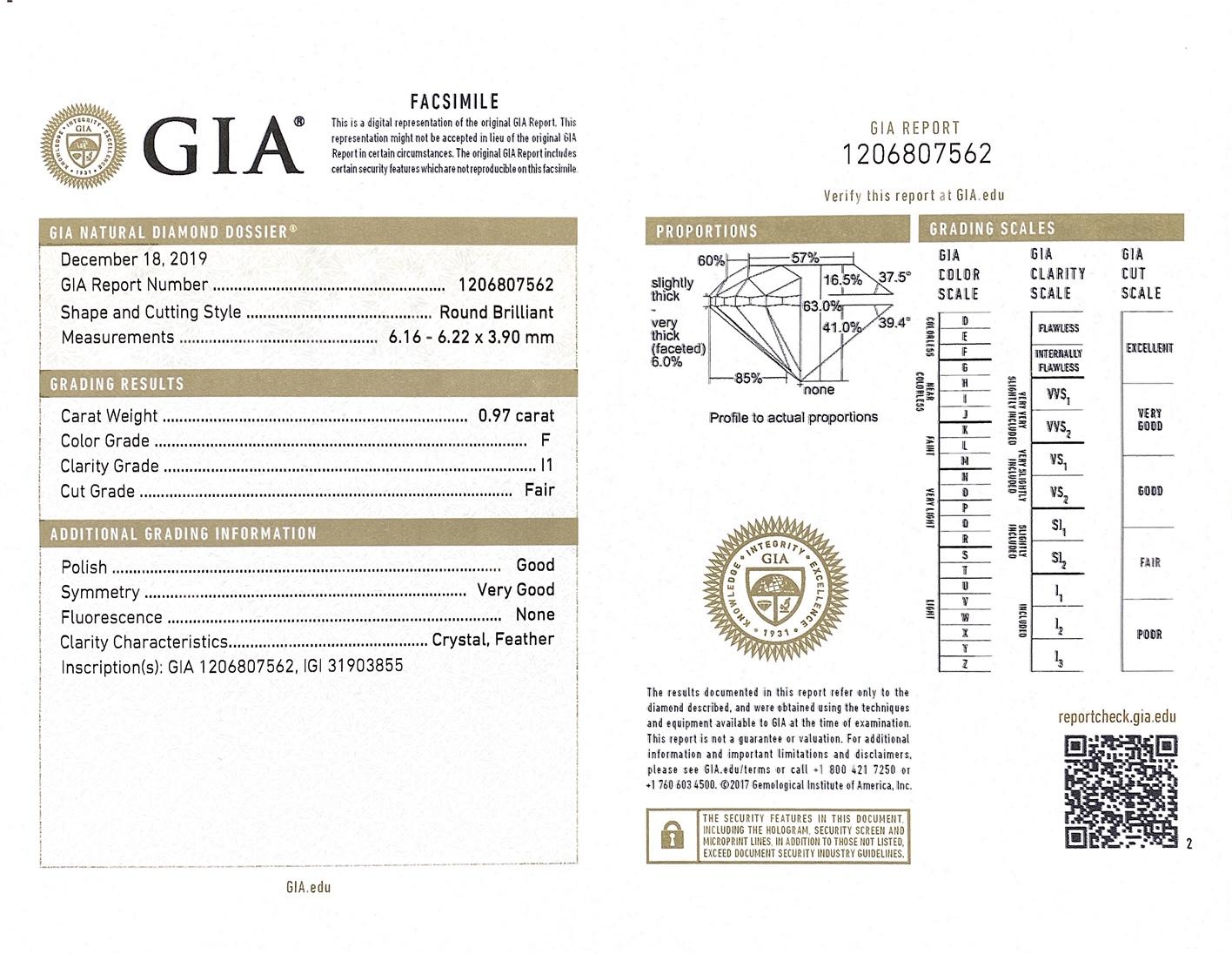 GIA Certified 0.97 Carat F I1 14 Karat White Gold Diamond Engagement Ring 2