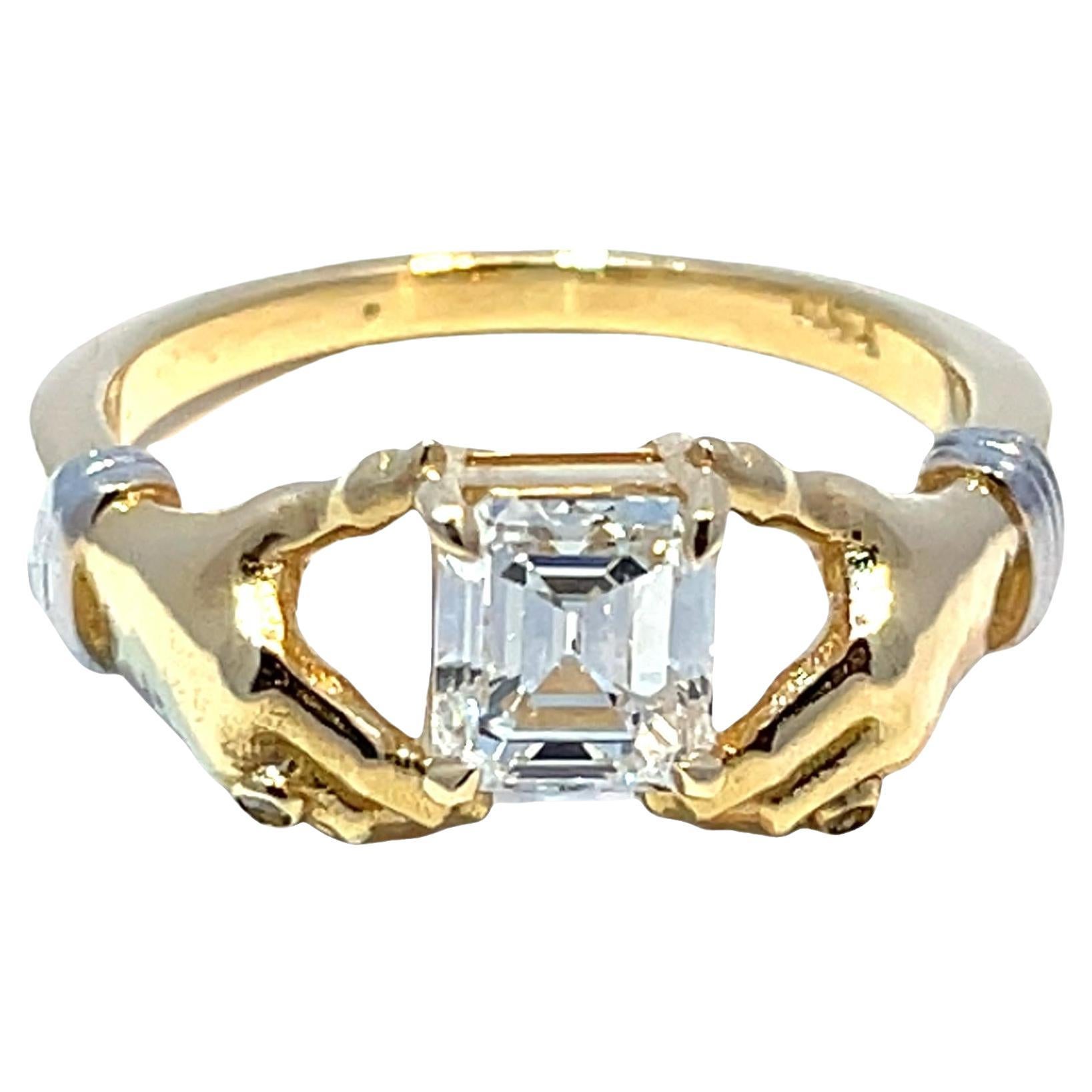GIA-Certified 0.97CTW Diamond Ring with 18k Yellow Gold Hand Holding Design For Sale