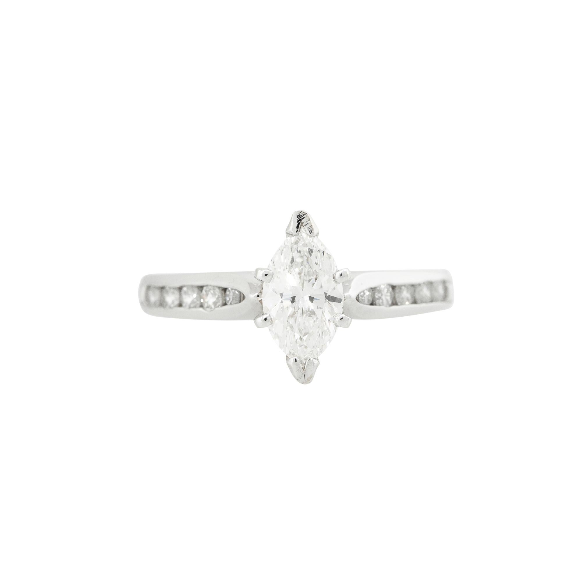 GIA Certified Platinum 0.98ctw Marquise Cut Diamond Engagement Ring
Style: Marquise Diamond Engagement Ring
Material: Platinum
Main Diamond Details: The main diamond is a 0.73ct Marquise shape stone. Main diamond is GIA certified: #2175145990.