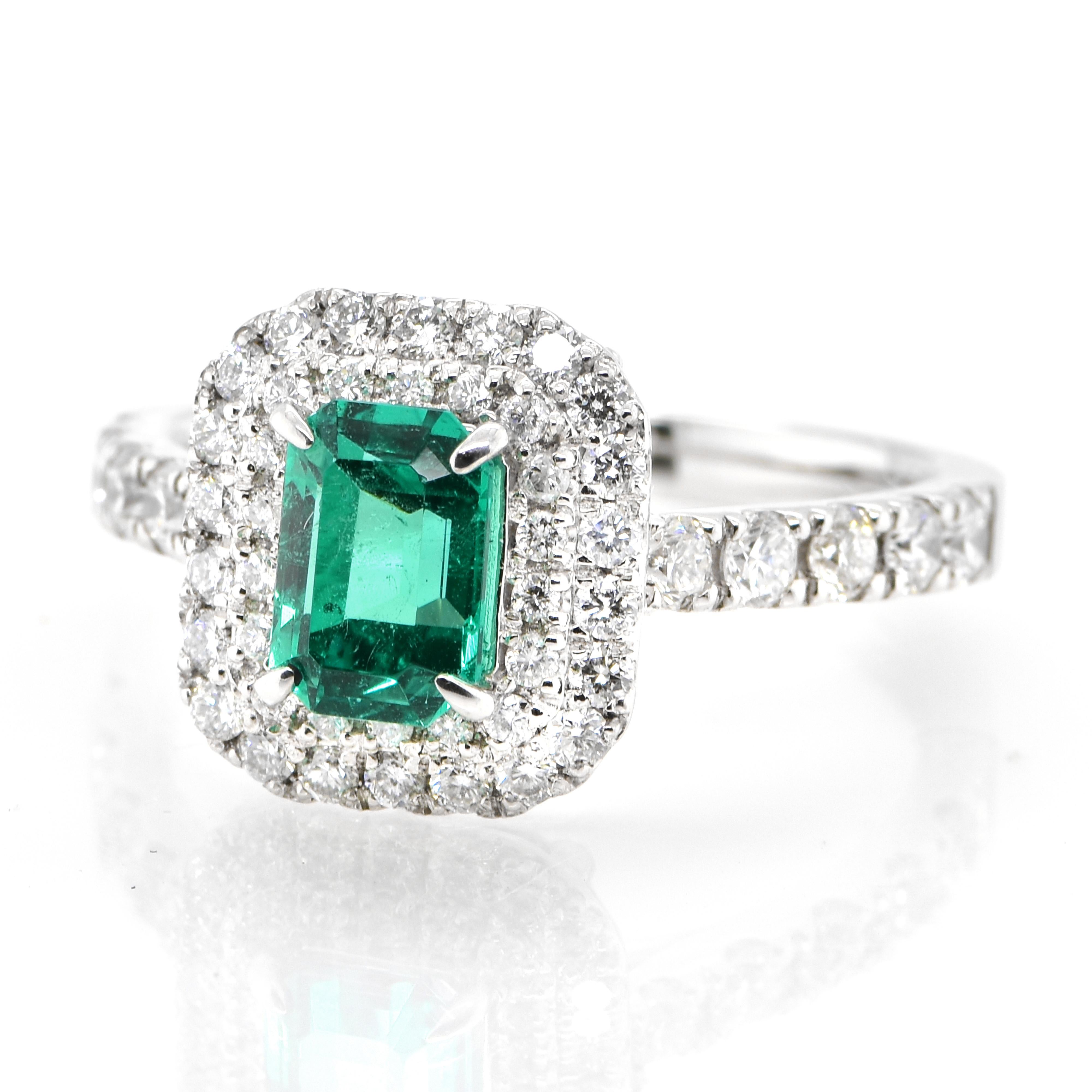 A stunning ring featuring a GIA Certified 0.98 Carat Natural, Untreated (No Oil), Colombian Emerald and 0.77 Carats of Diamond Accents set in Platinum. People have admired emerald’s green for thousands of years. Emeralds have always been associated