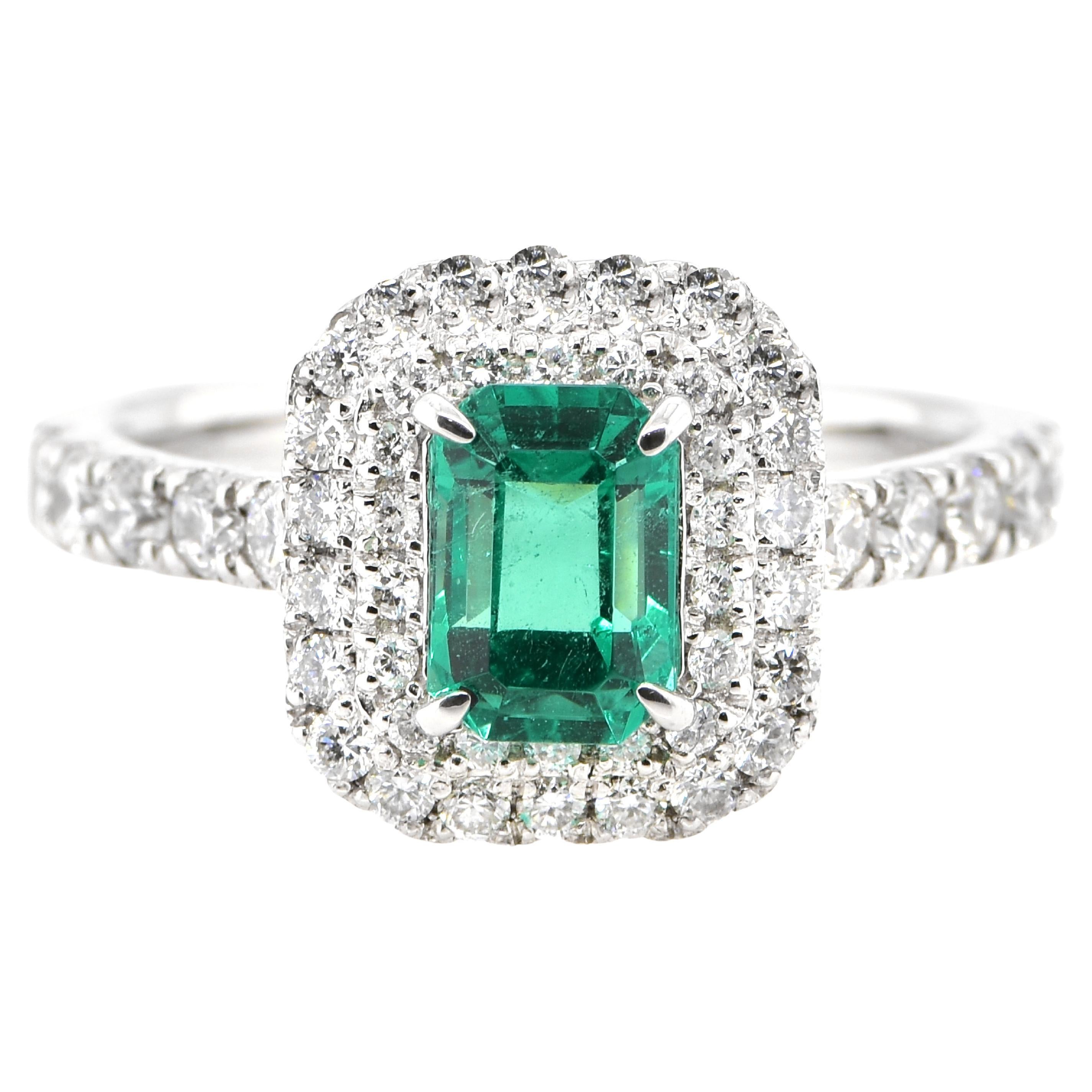 GIA Certified 0.98 Carat, Untreated (No Oil), Colombian Emerald and Diamond Ring For Sale