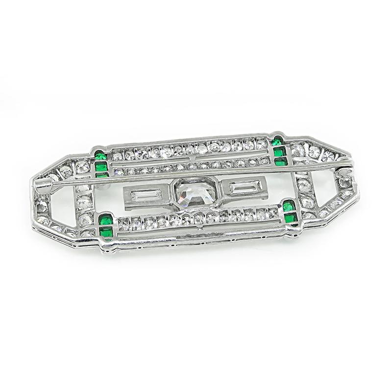 Emerald Cut GIA Certified 0.98ct Center Diamond 2.00ct Side Diamond Emerald Pin For Sale