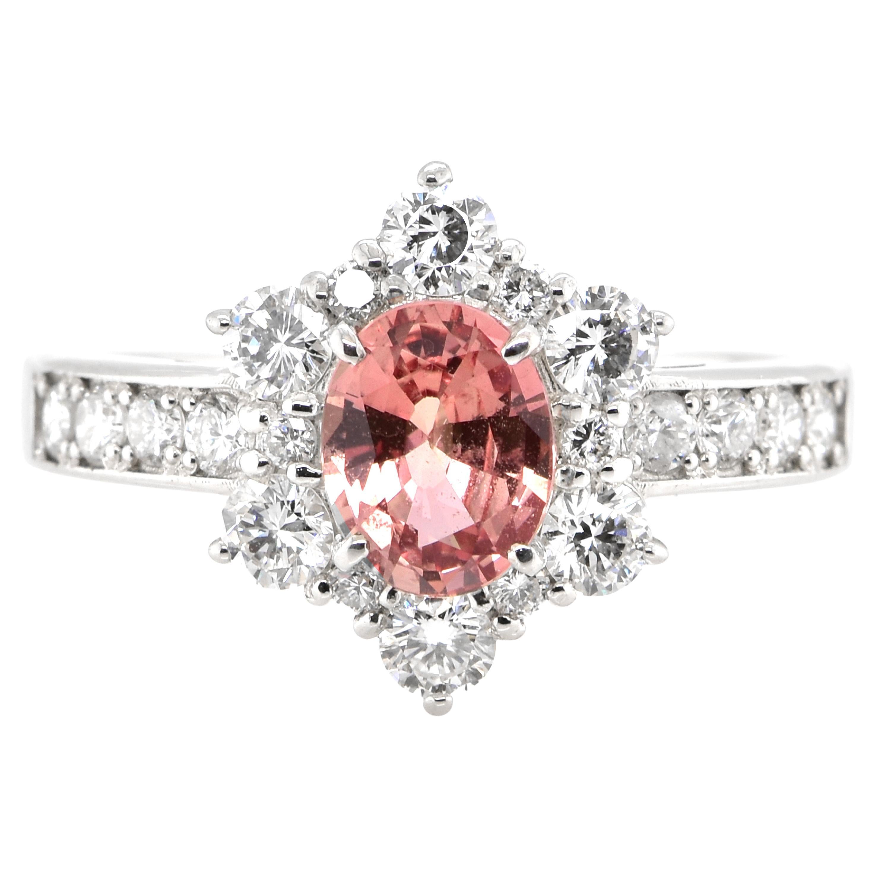 GIA Certified 0.99 Carat Padparadscha Sapphire and Diamond Ring set in Platinum For Sale