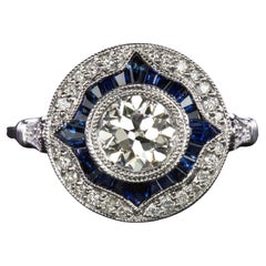 GIA Certified 1 Carat Blue Sapphire Art Deco Diamond Ring