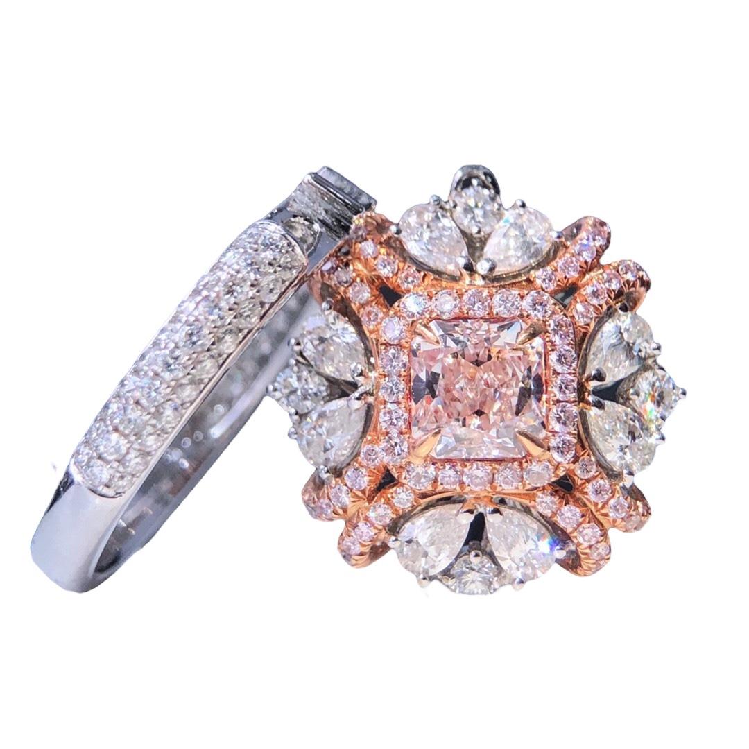 GIA Certified 1 Carat Cushion Cut Very Light Pink Diamond Vintage Halo Ring In New Condition For Sale In PARIS, FR