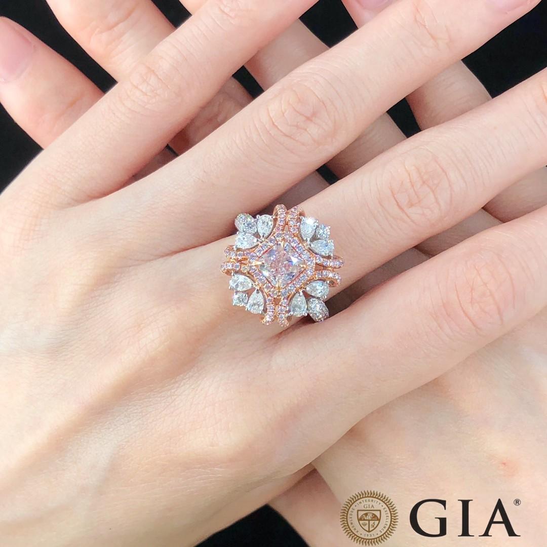 GIA Certified 1 Carat Cushion Cut Very Light Pink Diamond Vintage Halo Ring For Sale 2