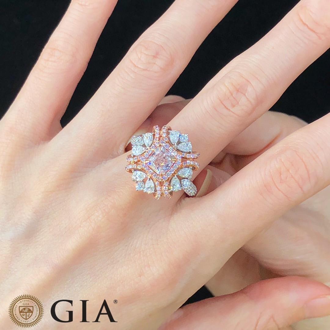 GIA Certified 1 Carat Cushion Cut Very Light Pink Diamond Vintage Halo Ring For Sale 3