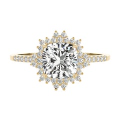 GIA Certified 1 Carat Cushion Flower Cluster 18K Yellow Gold Diamond Ring