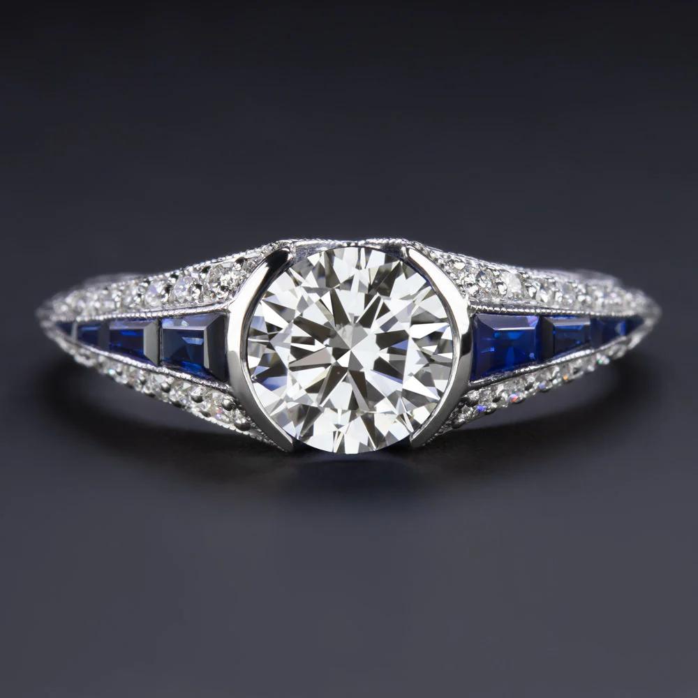 Round Cut GIA Certified 1 Carat Diamond and Sapphire Art Deco Style 14k White Gold Rin For Sale