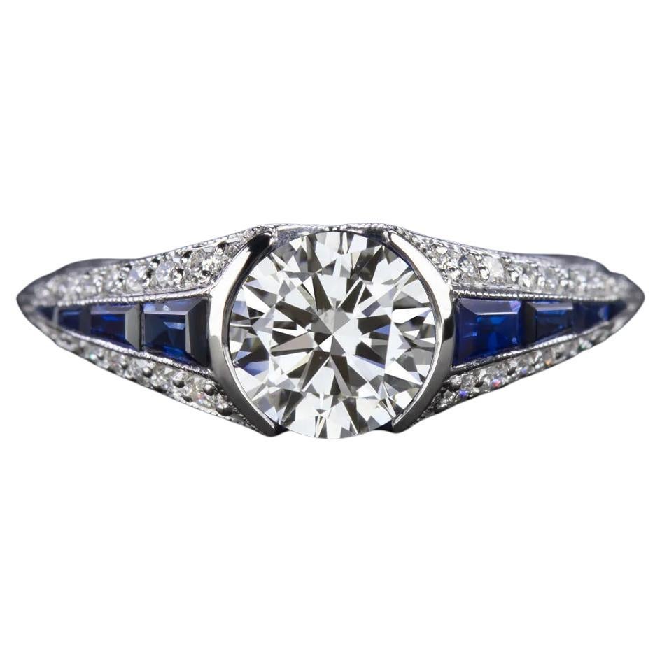 GIA Certified 1 Carat Diamond and Sapphire Art Deco Style 14k White Gold Rin For Sale