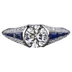 GIA Certified 1 Carat Diamond and Sapphire Art Deco Style 14k White Gold Rin