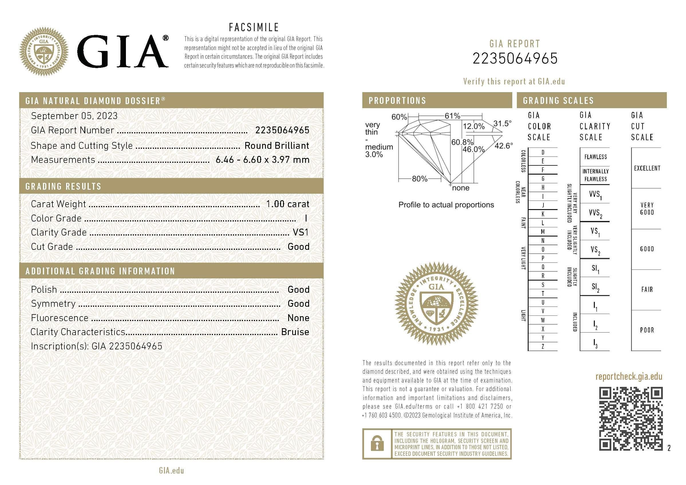 Verlobungsring, GIA-zertifizierter 1 Karat Diamant Platin im Angebot 1