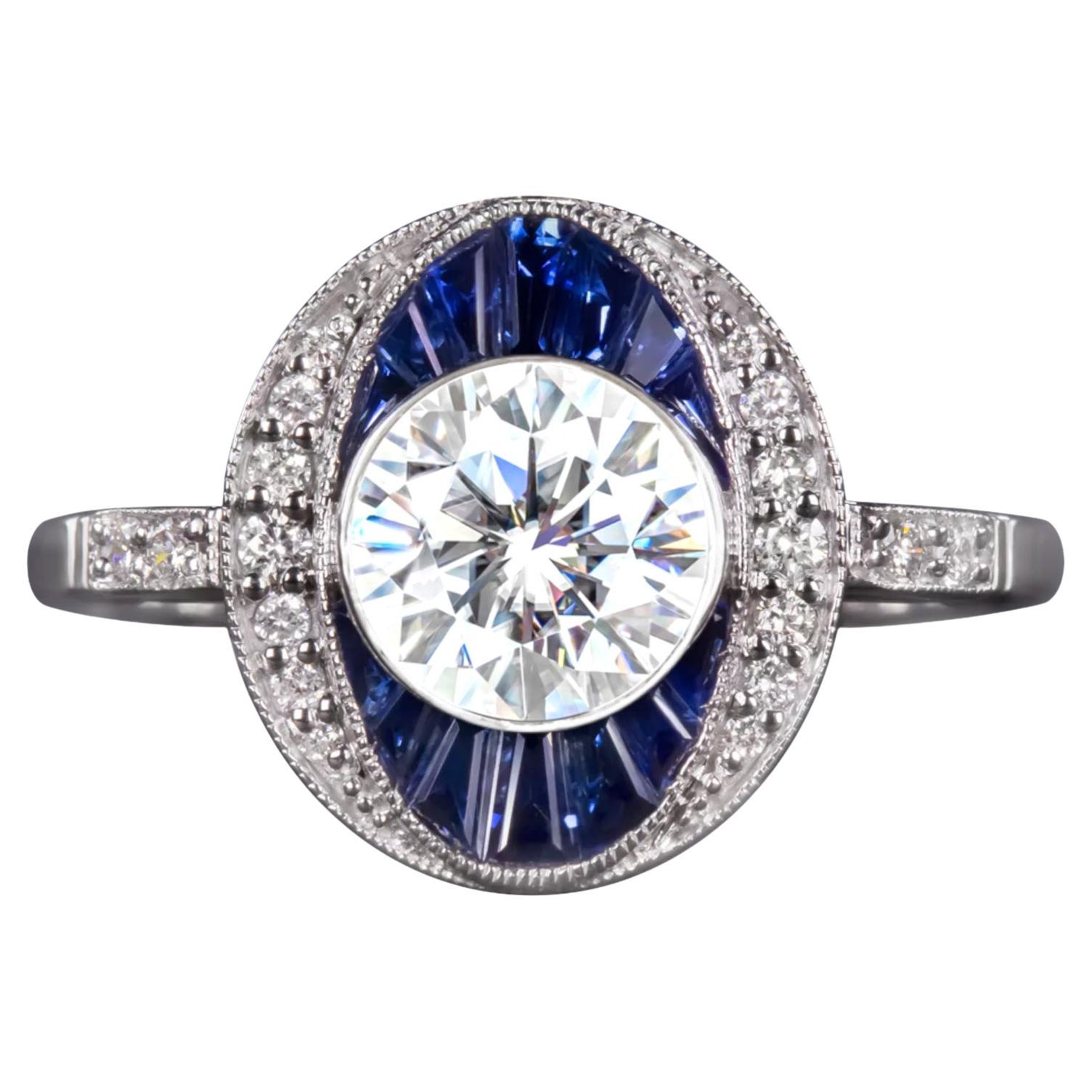 GIA Certified 1 Carat F VS1 Round Diamond Sapphire Art Deco Style Gold Ring