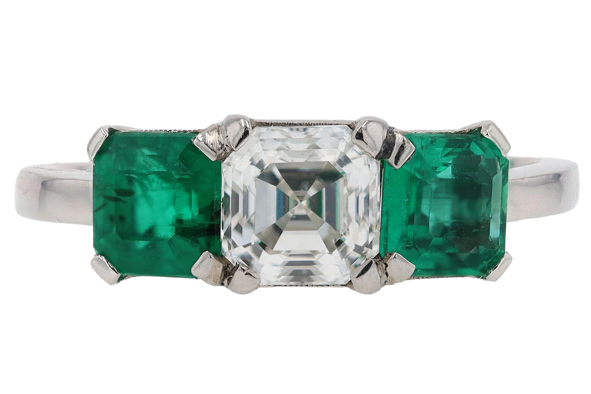GIA Certified 1 Carat G SI Asscher Cut Diamond & Emerald Engagement Ring For Sale