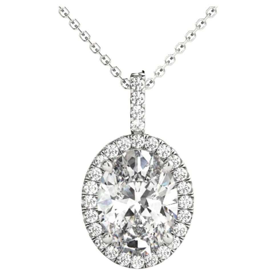 GIA Certified 1 carat Oval Diamond Halo 18K White Gold Pendant Necklace For Sale