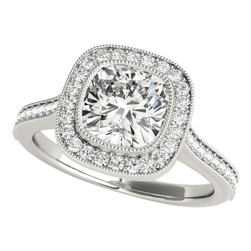 GIA Certified 1 Carati Halo Cushion Cathedral Milgrain Platinum Diamond Ring
