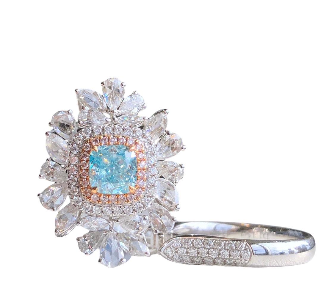 Art Deco GIA Certified 1 Carat Light Blue Cushion Diamond Double Halo Cocktail Ring For Sale