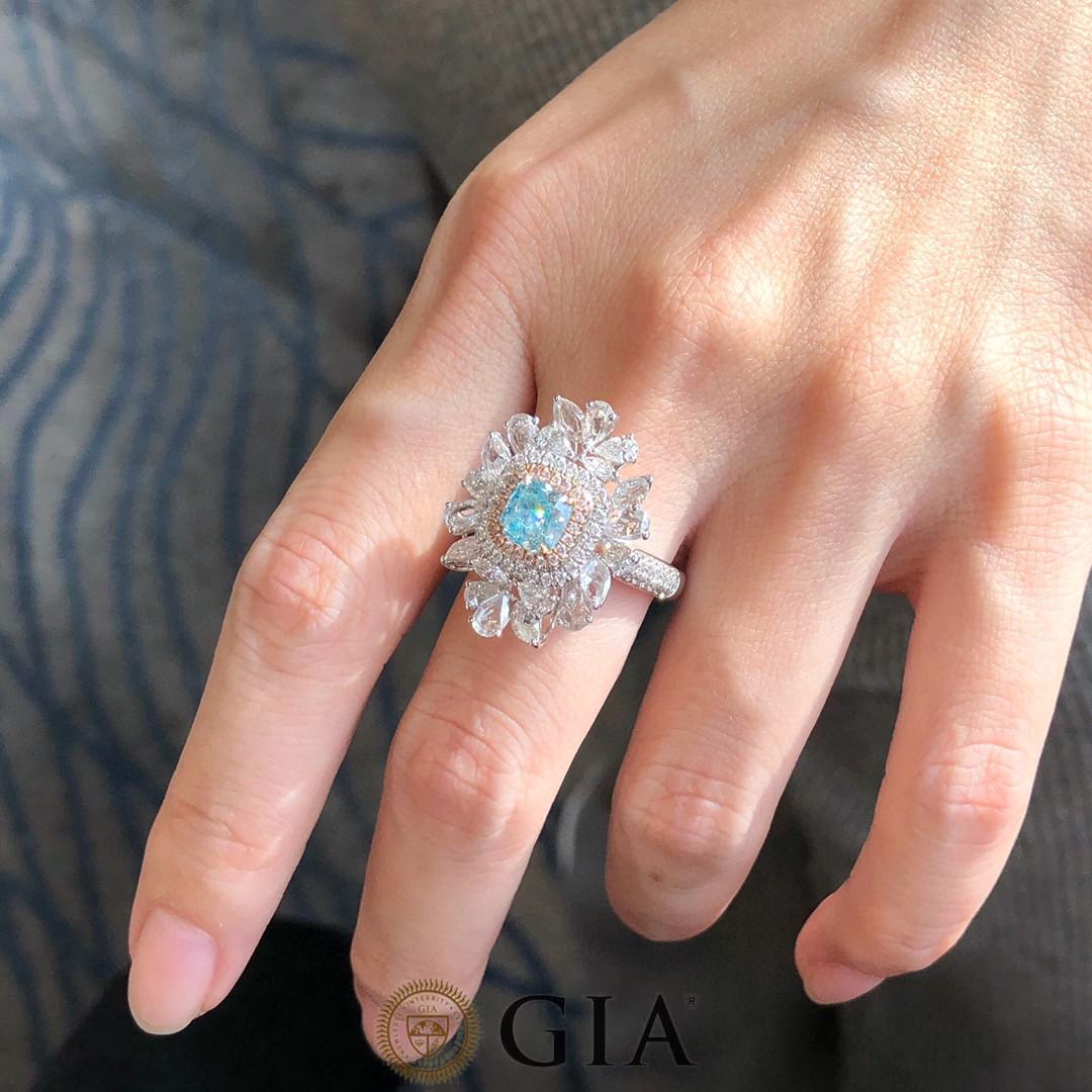 Cushion Cut GIA Certified 1 Carat Light Blue Cushion Diamond Double Halo Cocktail Ring For Sale