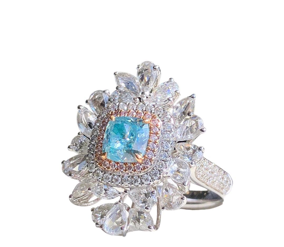 GIA Certified 1 Carat Light Blue Cushion Diamond Double Halo Cocktail Ring In New Condition For Sale In PARIS, FR