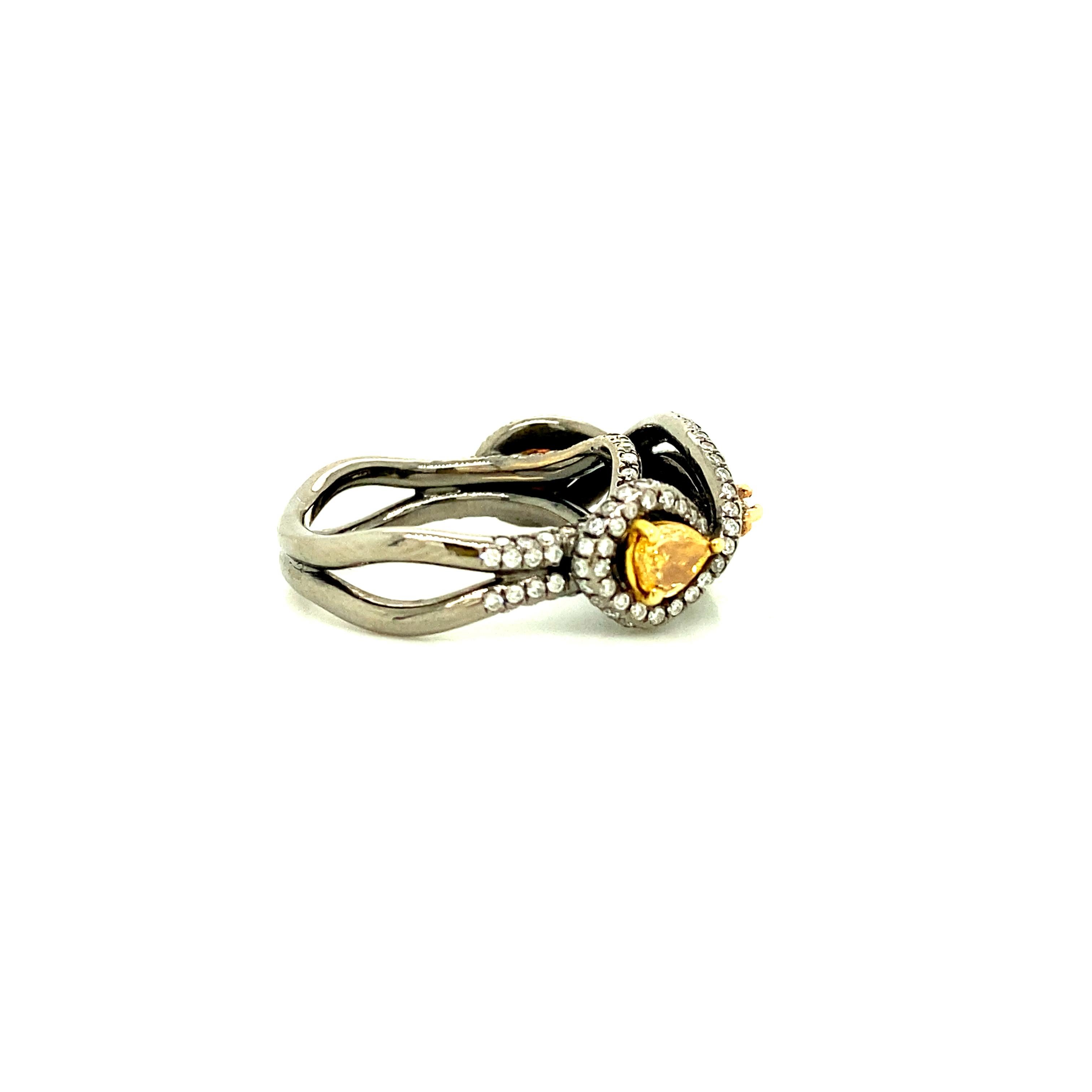 Bague en or avec diamant brun clair roseâtre de 1 carat et diamant jaune certifié par le GIA Unisexe en vente