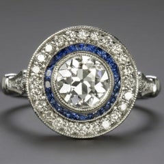 Anello di fidanzamento con diamante da 1 carati con taglio europeo antico certificato GIA e zaffiro con montatura a halo