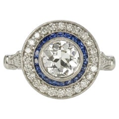 GIA Certified 1 Carat Old European Cut Diamond Sapphire Halo Engagement Ring