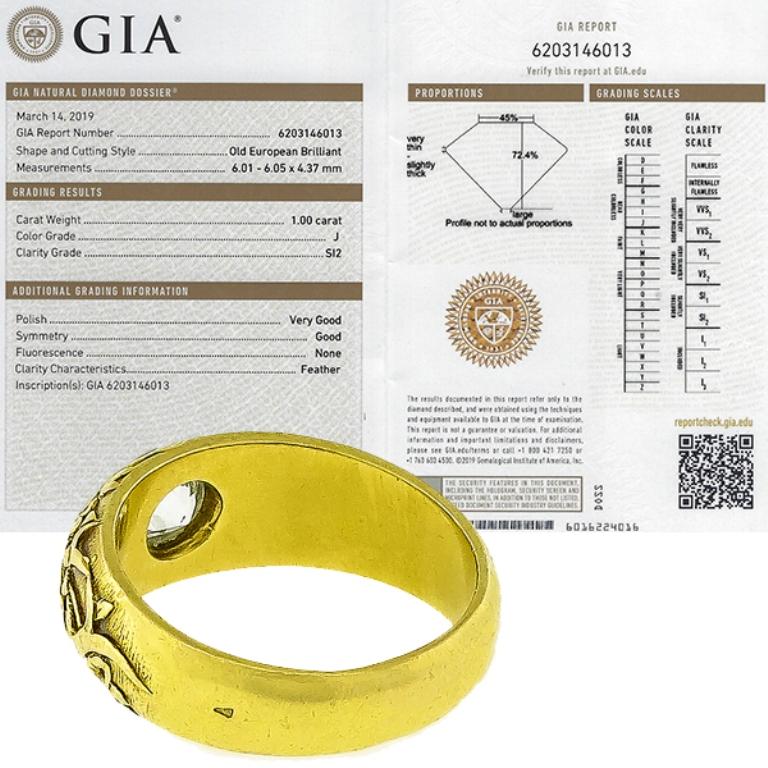 GIA-zertifizierter 1 Karat alter europäischer Diamant-Gelbgoldring (Alteuropäischer Schliff) im Angebot