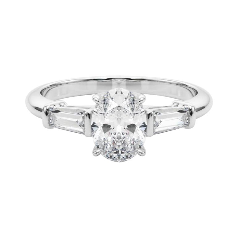 GIA Certified 1 Carat Oval & Baguette Classic 3-Stone Diamond Ring