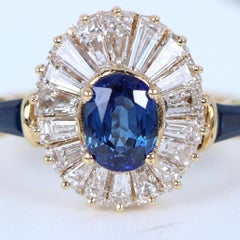 GIA Certified 1 Carat Oval Blue Sapphire Baguette Diamond Cocktail Ring