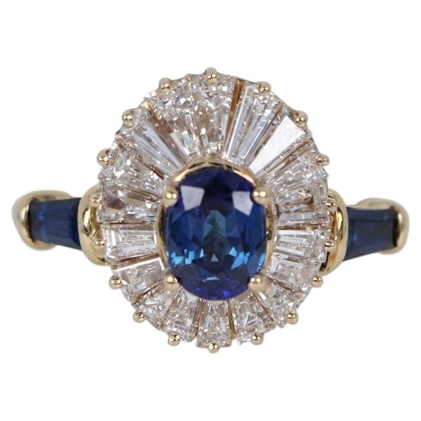 GIA Certified 1 Carat Oval Blue Sapphire Baguette Diamond Cocktail Ring
