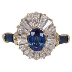 GIA Certified 1 Carat Oval Blue Sapphire Baguette Diamond Cocktail Ring