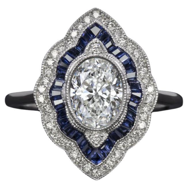 GIA Certified 1 Carat Oval Diamond Art Deco Style 14k White Gold Ring