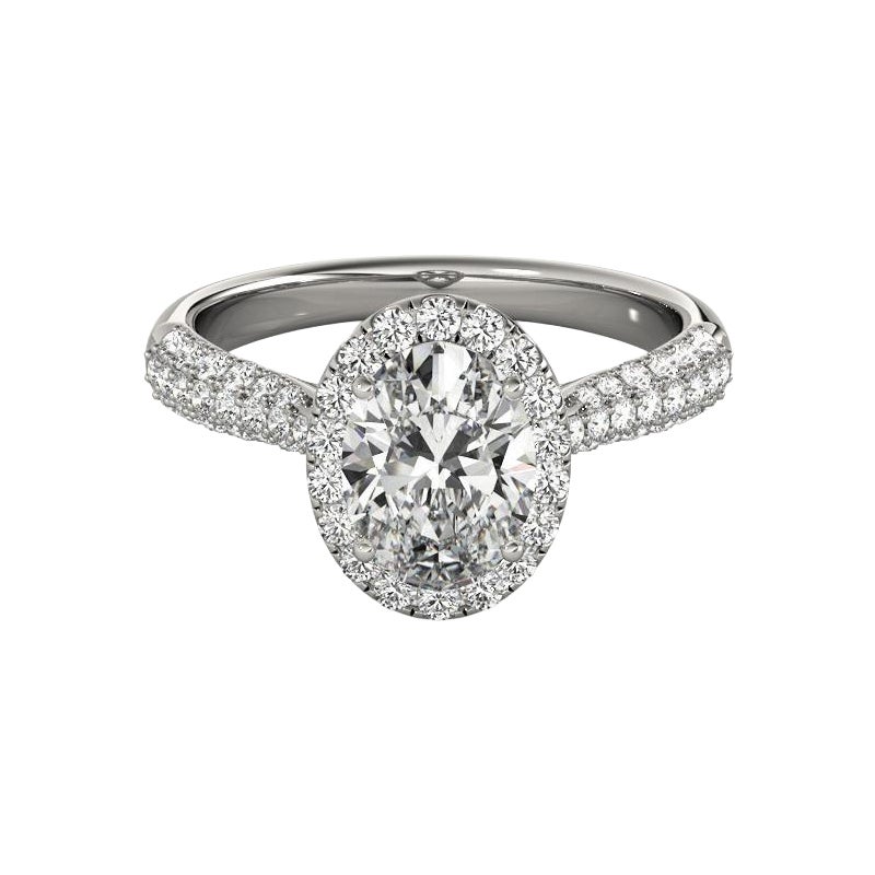 GIA Certified 1 Carat Oval Halo Multi-Row 18K White Gold Diamond Ring (bague à diamant en or blanc 18K)