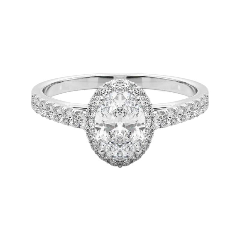 GIA Certified 1 Carat Oval Halo Pave Anello con diamanti in oro bianco 18K