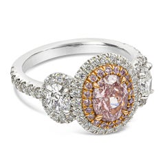 GIA Certified 1.00 Carat Oval Cut Pink Diamond Double Halo Engagement Ring