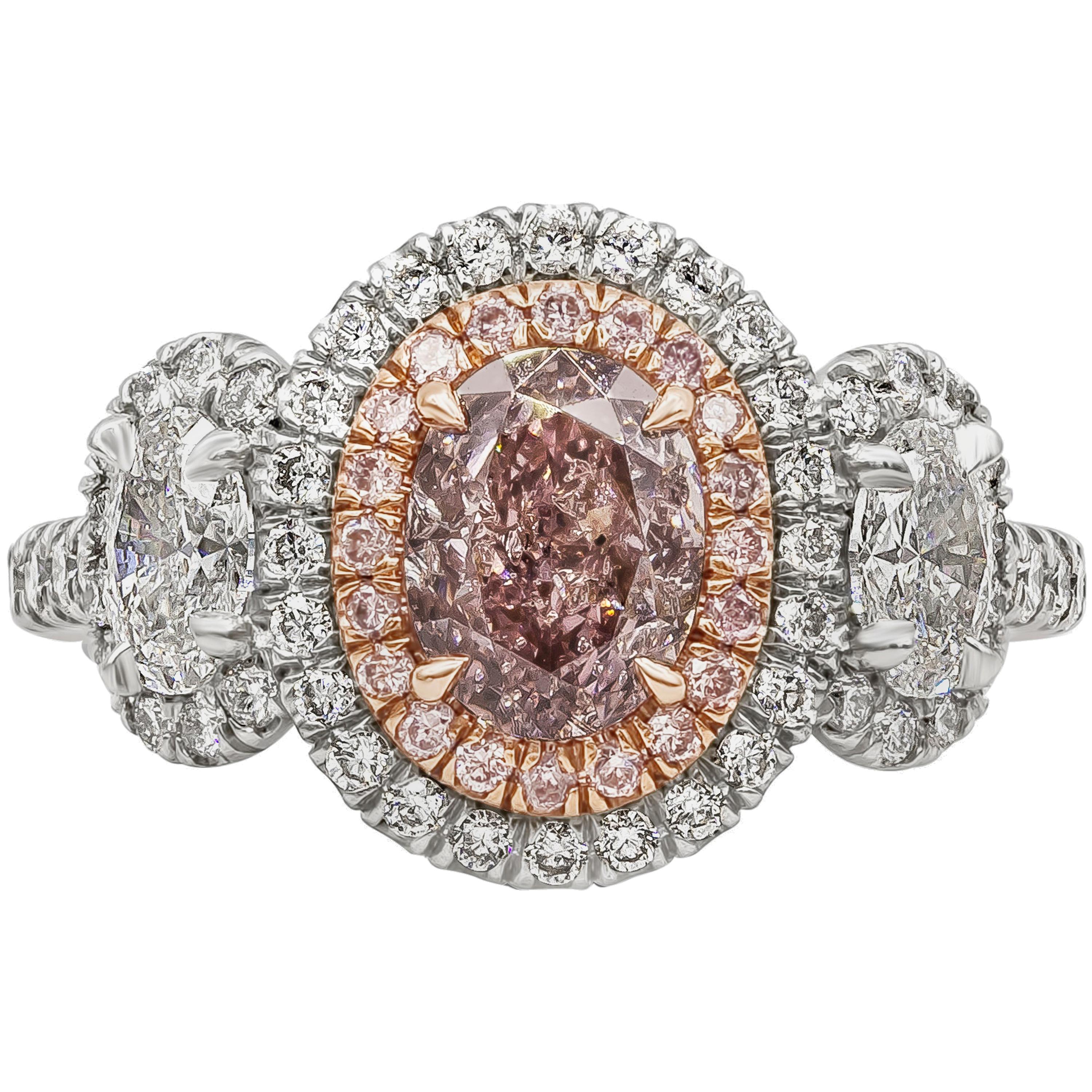 GIA Certified 1 Carat Oval Intense Pink Diamond Three-Stone Halo Engagement Ring