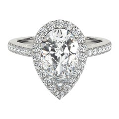 GIA Certified 1 Carat Pear Halo Cathedral 18K White Gold Diamond Ring