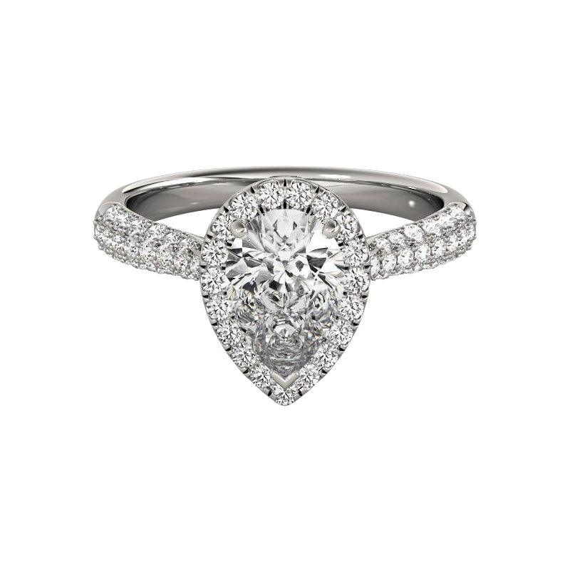 Anello con diamante aureolato a più file in oro bianco 18 carati certificato GIA da 1 carato con pera in vendita
