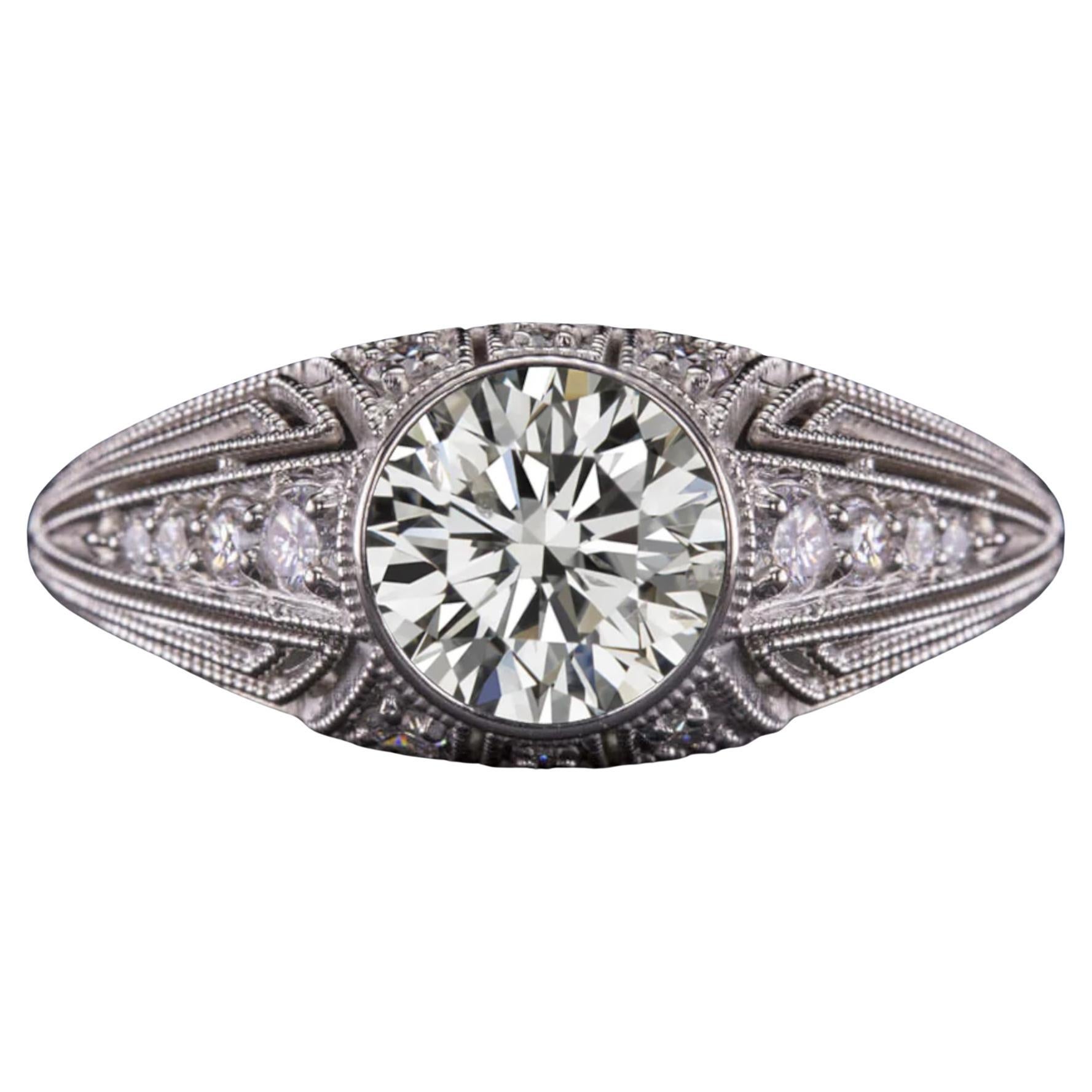 GIA Certified 1 Carat Round Brilliant Art Deco Style Dome 14k White Gold Ring