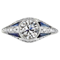 GIA Certified 1 Carat Round Cut Diamond Art Deco Style 14k White Gold Ring