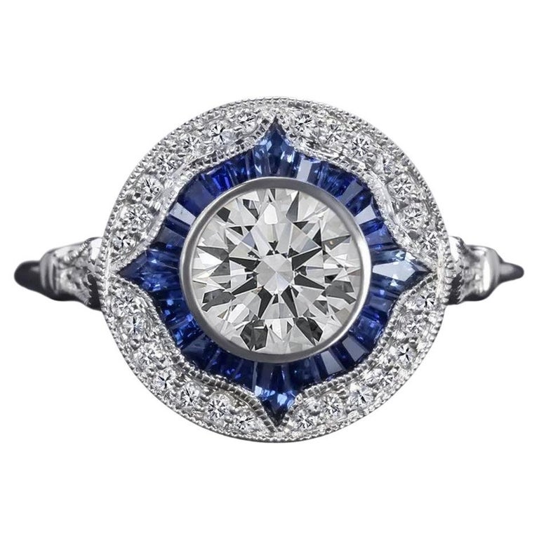GIA Certified 1 Carat Round Cut Diamond Blue Sapphire Ring For Sale at  1stDibs | how big is 1 carat sapphire