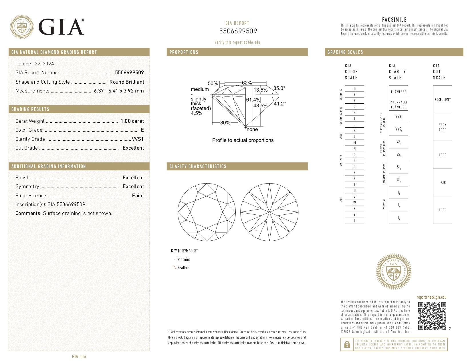 GIA Certified 1 Carat Round Cut Diamond E Color VVS1 Clarity Ring in 14K W Gold For Sale 2